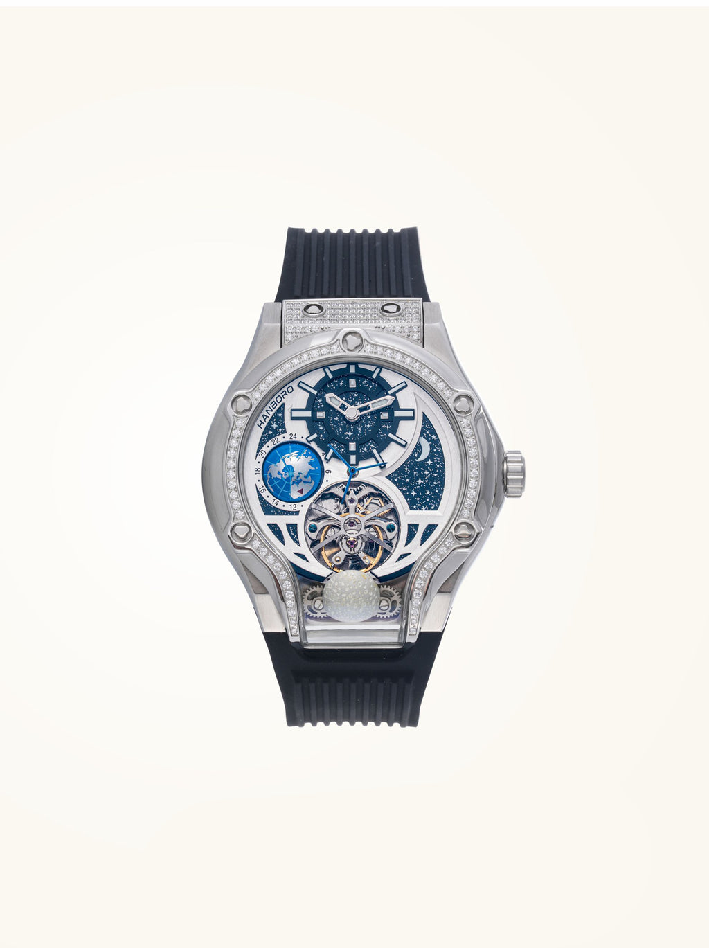 Own Your Bloom Starry Machine silver automatic watch, front product view on white background, New York.