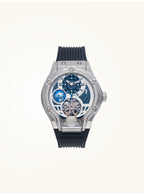 Own Your Bloom Starry Machine silver automatic watch, front product view on white background, New York.