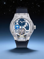 Own Your Bloom Starry Machine silver watch close-up with galaxy theme, lifestyle image, Miami.