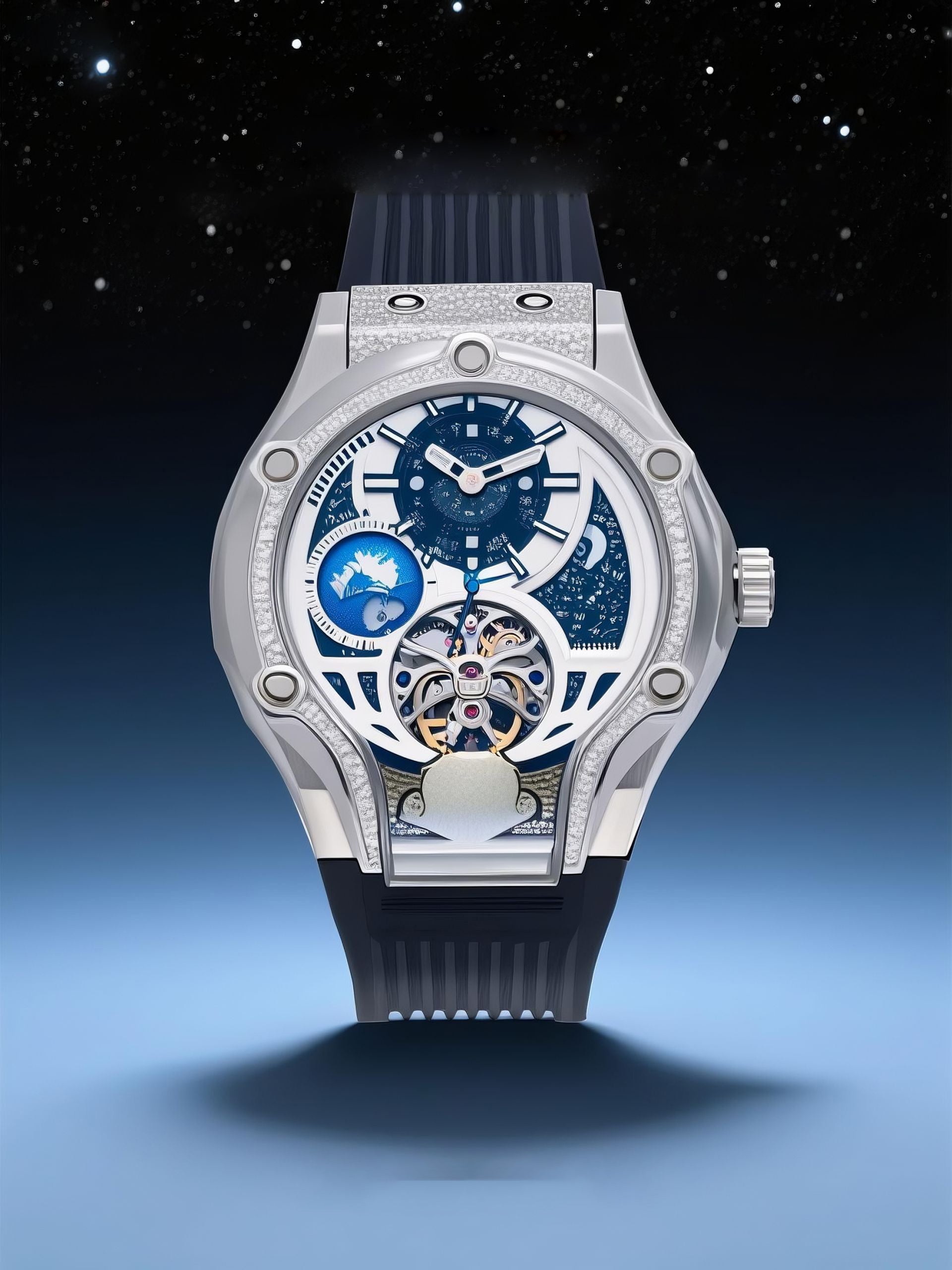 Own Your Bloom Starry Machine silver watch close-up with galaxy theme, lifestyle image, Miami.