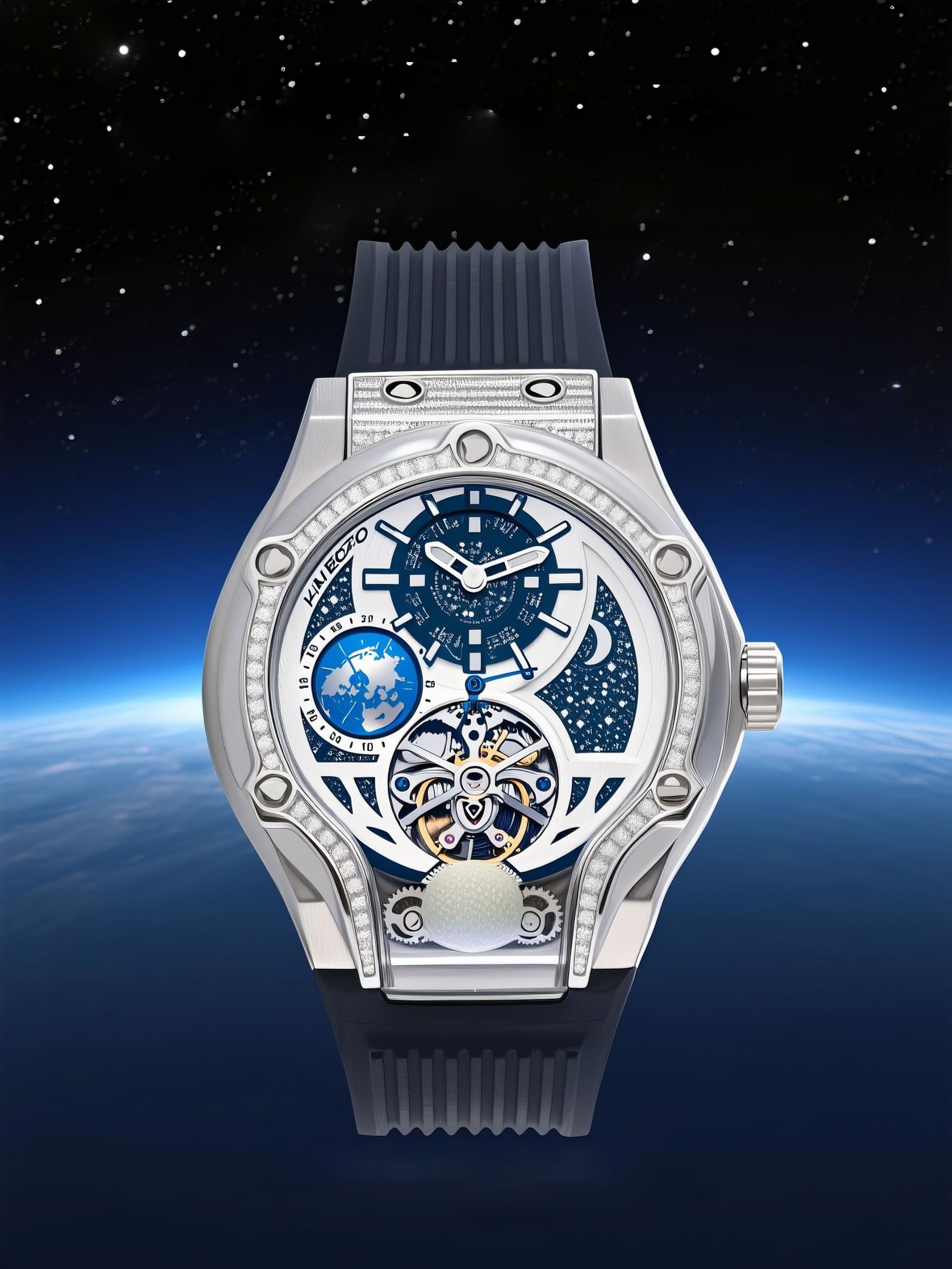 Own Your Bloom Starry Machine silver watch in dramatic spotlight, angled lifestyle render, Seattle.