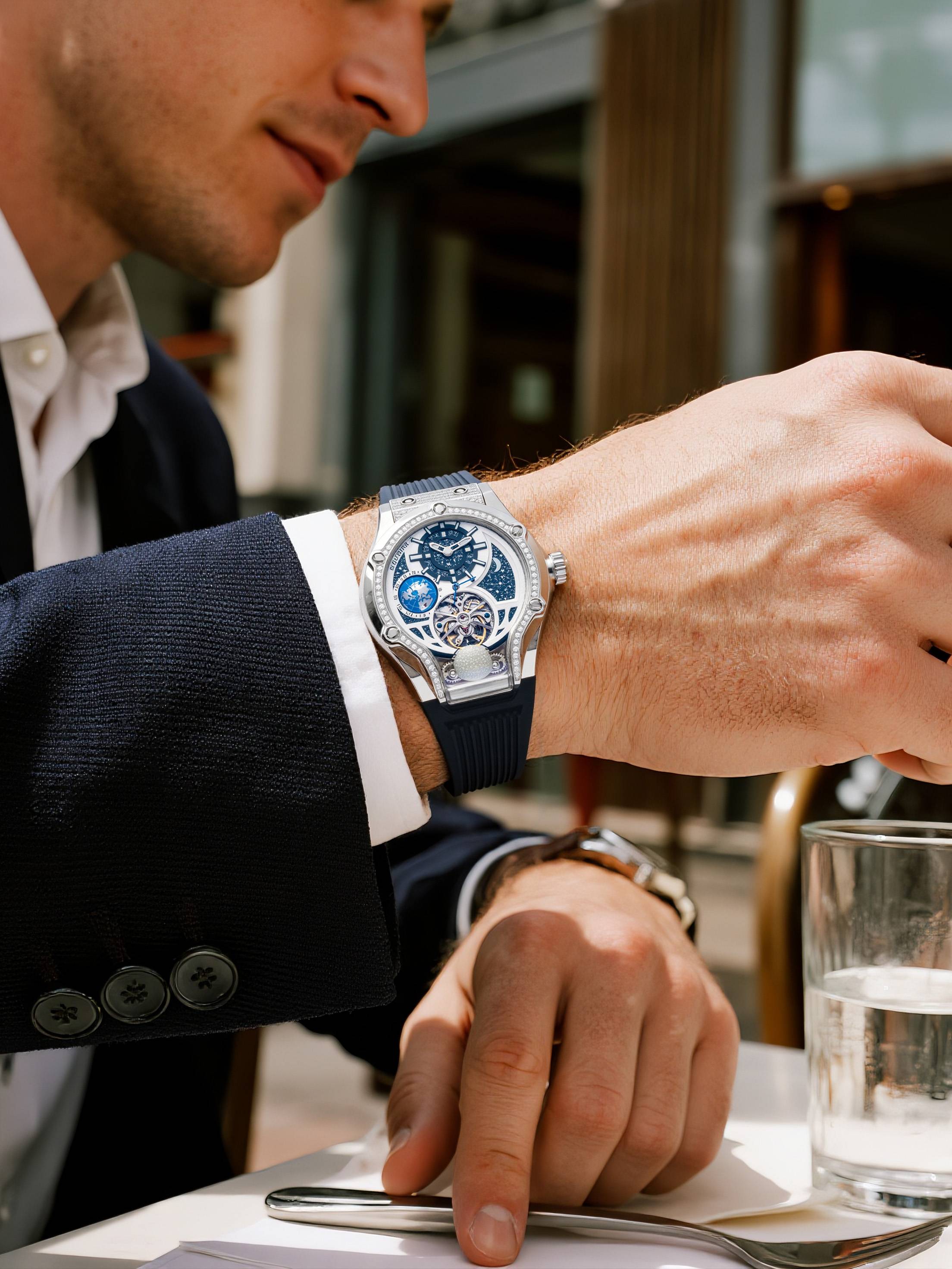 Own Your Bloom Starry Machine silver watch worn by man at outdoor café, lifestyle wrist shot, Houston.