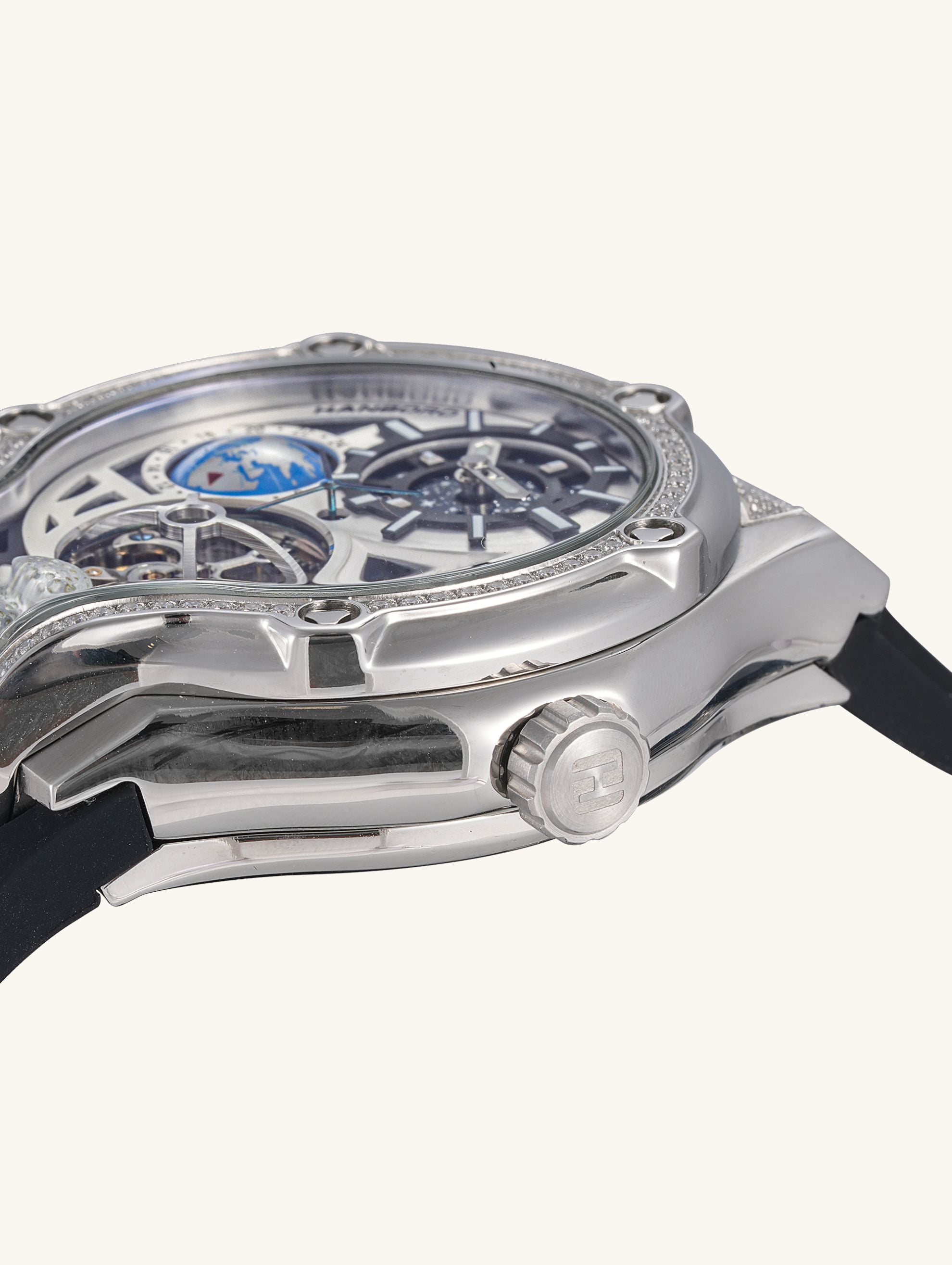 Own Your Bloom Starry Machine silver watch side profile with crown detail on clean white, Chicago.