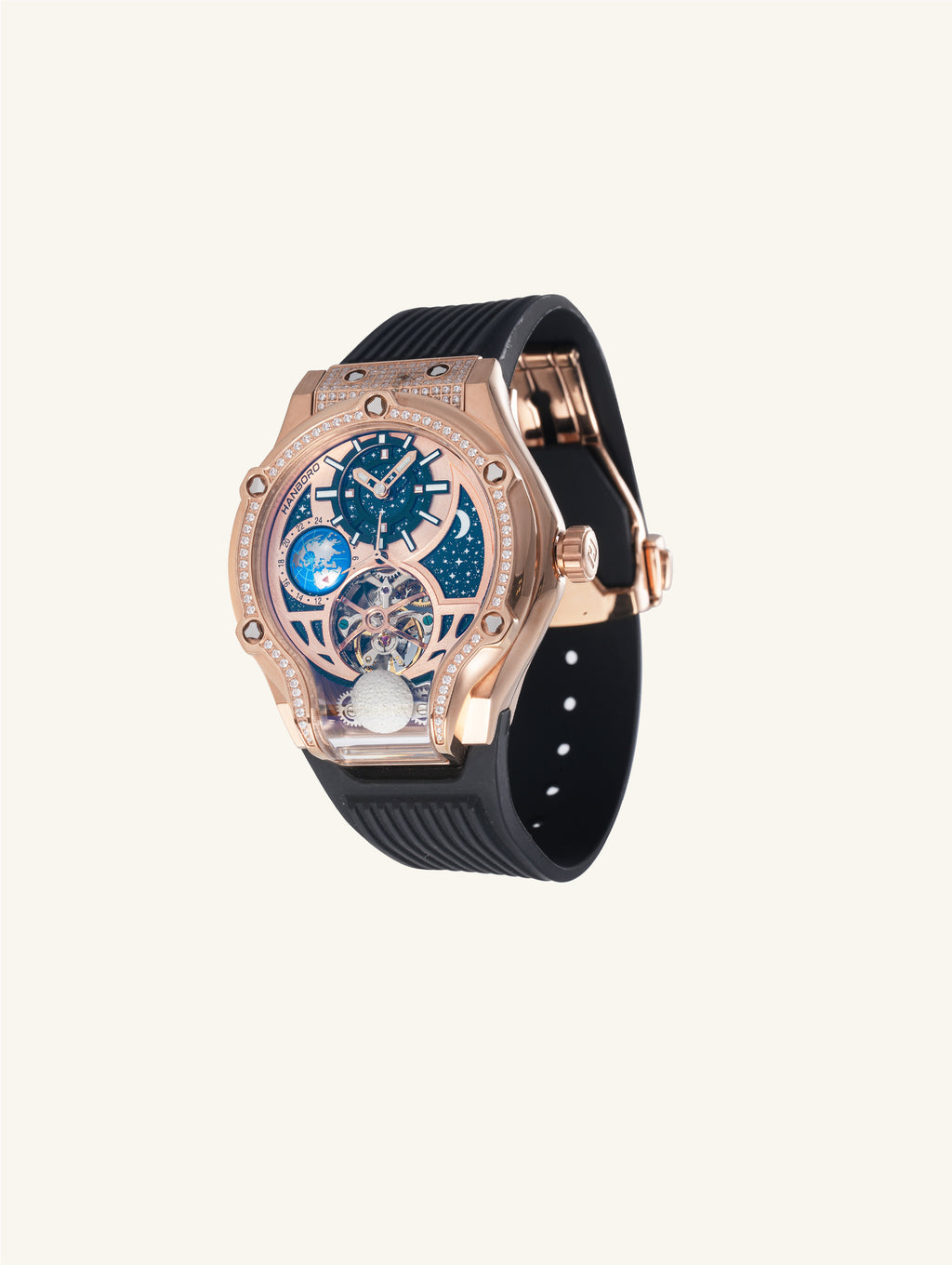 Own Your Bloom Starry Machine Rose Gold Watch side profile featuring 3D mechanical movement, sapphire crystal, and rubber strap, Los Angeles.