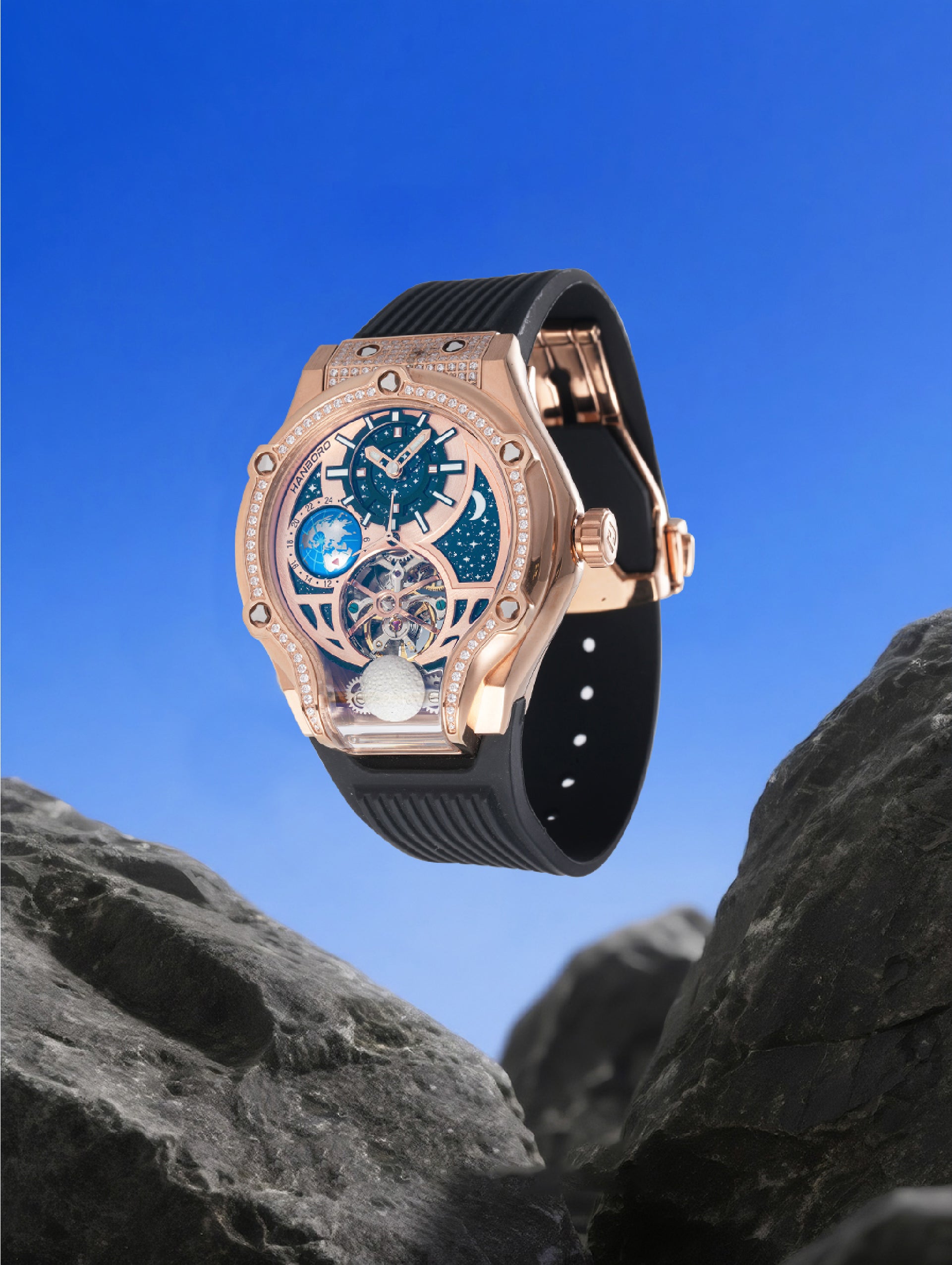 Own Your Bloom Starry Machine Rose Gold Watch showcased in galaxy-inspired setting with moon phase and skeleton details, Dallas.