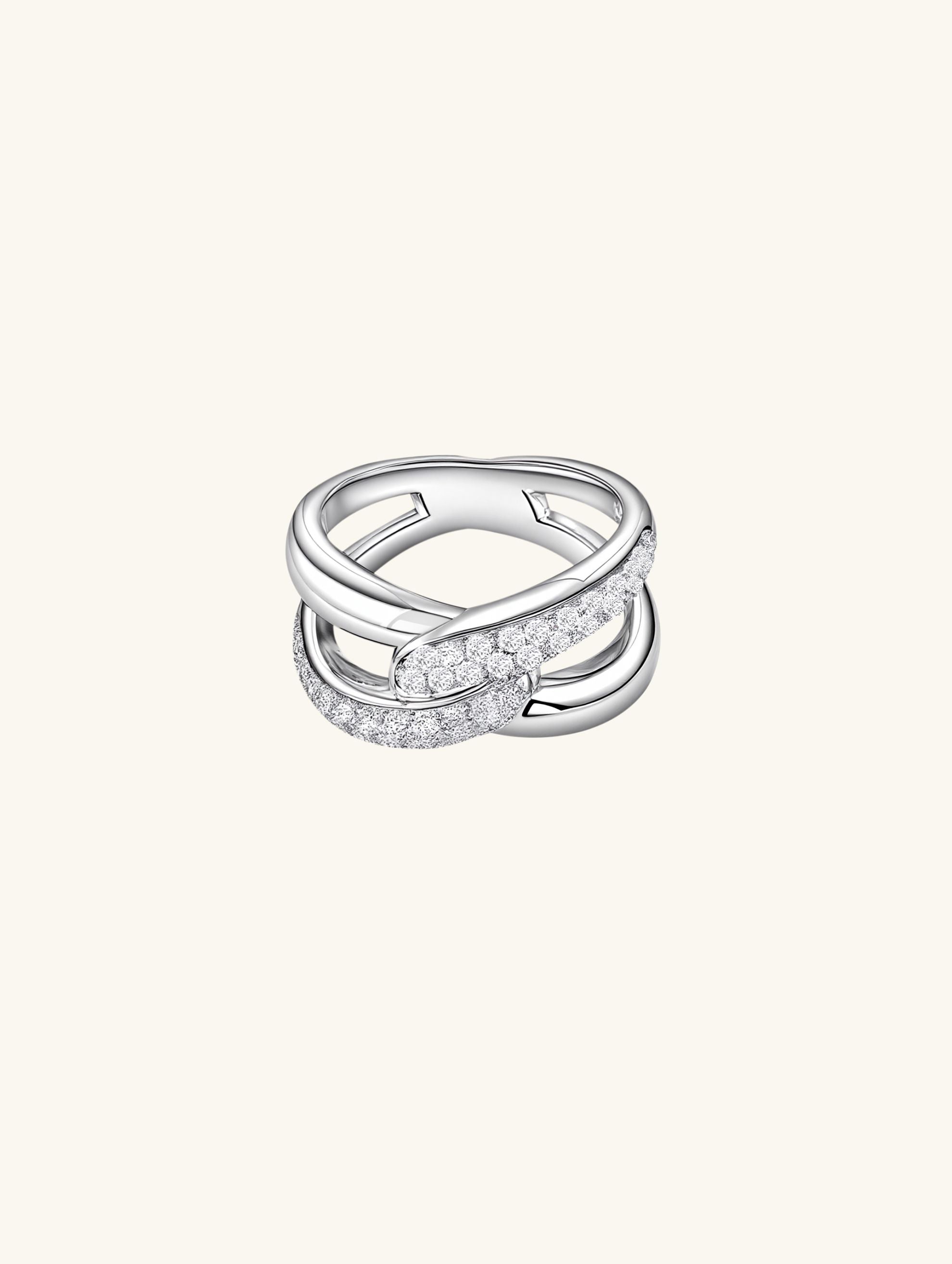 Own Your Bloom silver diamond crossover ring side angle showing intertwined design and polished surface, Los Angeles.
