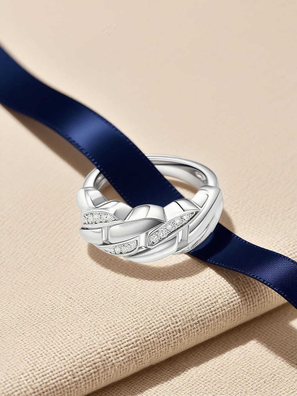 Own Your Bloom sterling silver pavé chain ring in luxury display setting, refined minimalist style, Boston.