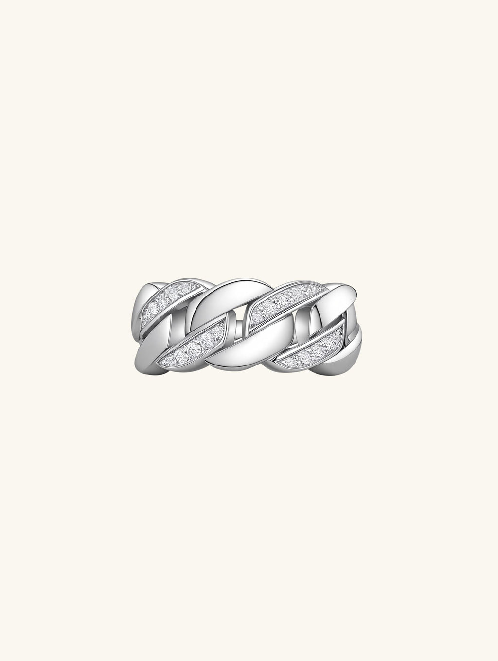 Own Your Bloom sterling silver pavé Cuban link ring side angle highlighting interlocked design and shine, Los Angeles.