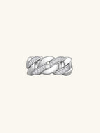 Own Your Bloom sterling silver pavé Cuban link ring side angle highlighting interlocked design and shine, Los Angeles.