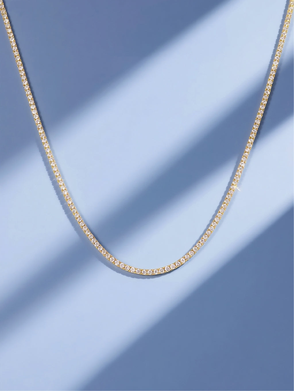 Own Your Bloom Tennis Diamond Necklace in studio shot showing minimalist lines and luminous brilliance, Dallas.