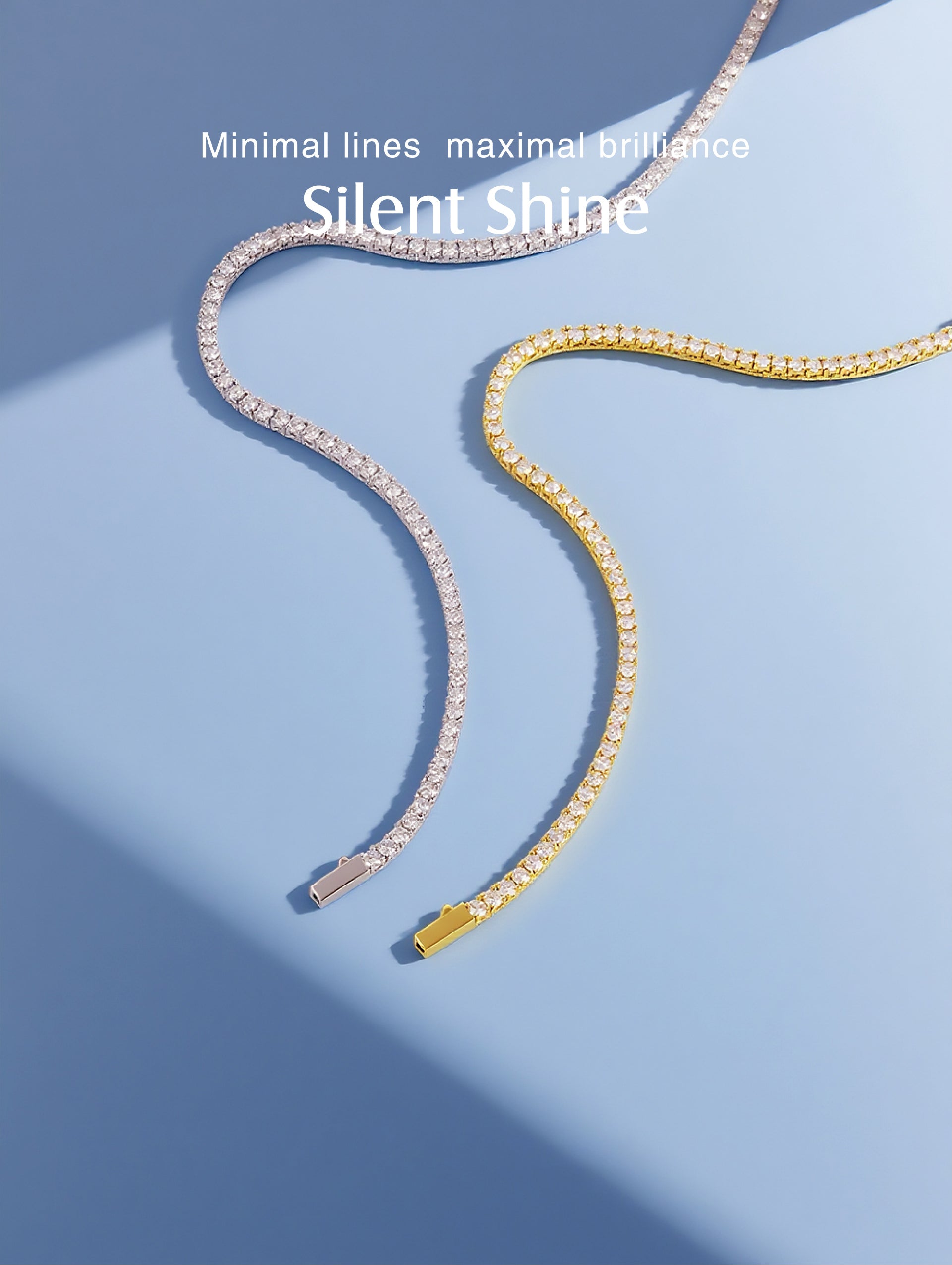 Own Your Bloom Tennis Necklace in gold and silver side by side, displayed to showcase versatility and sophistication, Boston.