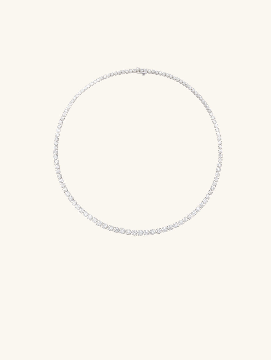 Own Your Bloom moissanite tennis necklace side angle highlighting elegant craftsmanship and continuous sparkle, Los Angeles.