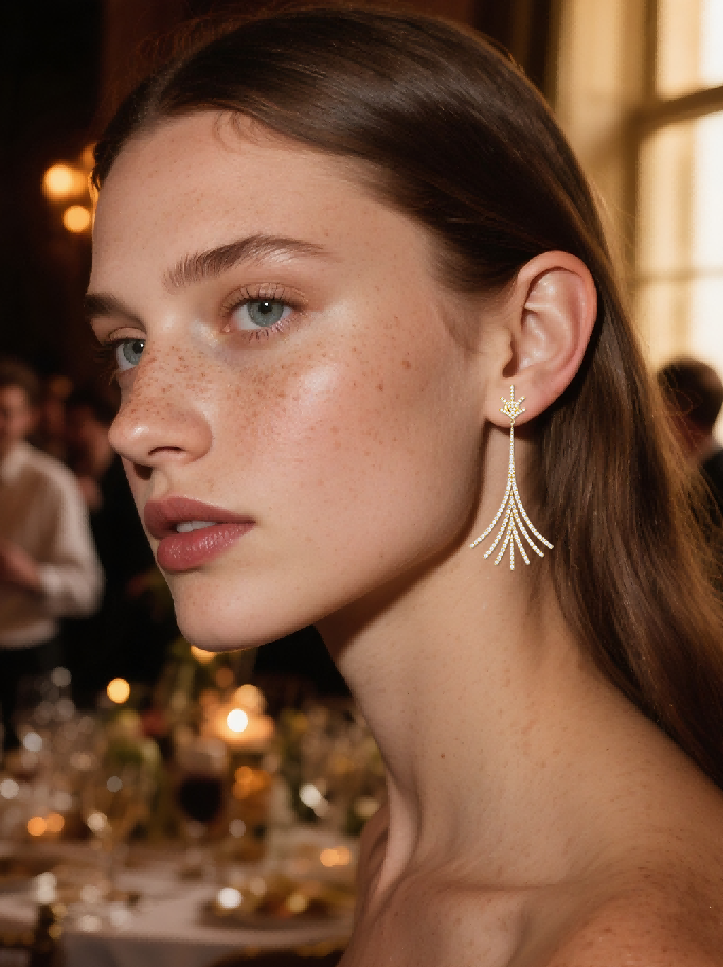 Own Your Bloom Twilight Bloom gold long drop earrings worn by woman in soft daylight, feminine elegance and radiant style, Miami.