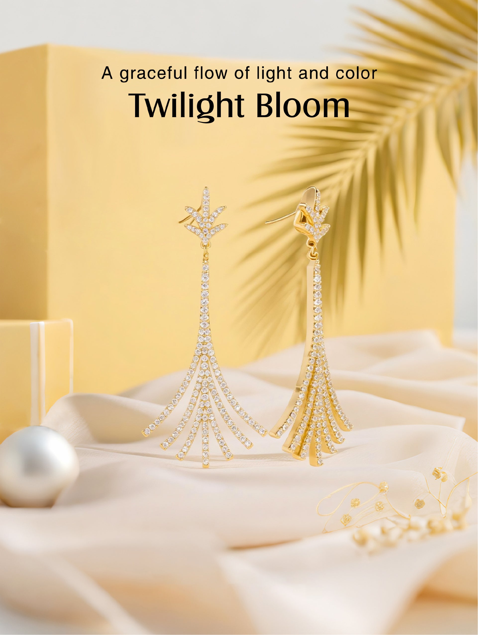 Own Your Bloom Twilight Bloom gold long drop earrings artistically displayed with soft light and natural tones, Boston.