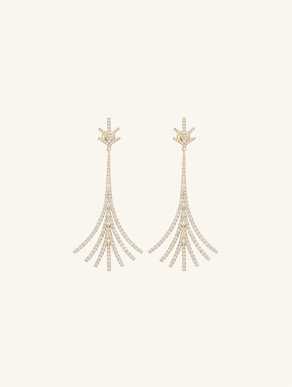 Own Your Bloom Twilight Bloom gold long drop earrings front view showcasing graceful fan-shaped diamond lines and modern elegance, New York.