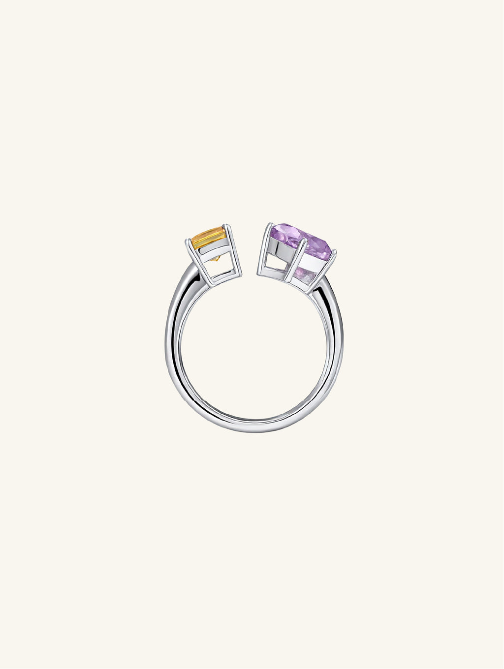 Own Your Bloom Colorful Gemstone Ring top view showcasing vibrant yellow citrine and purple amethyst brilliance, Chicago.