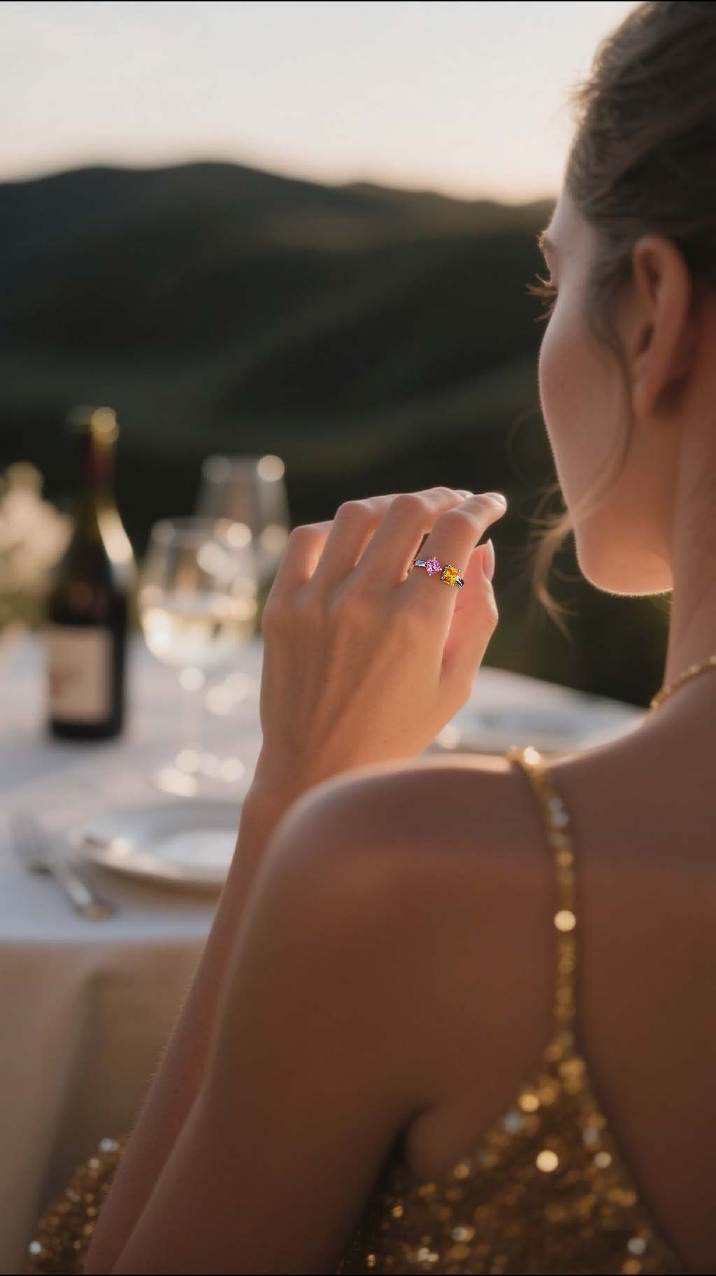Own Your Bloom Amethyst and Citrine Gemstone Ring on woman’s hand, refined silver jewelry with dual color gemstones, Los Angeles.