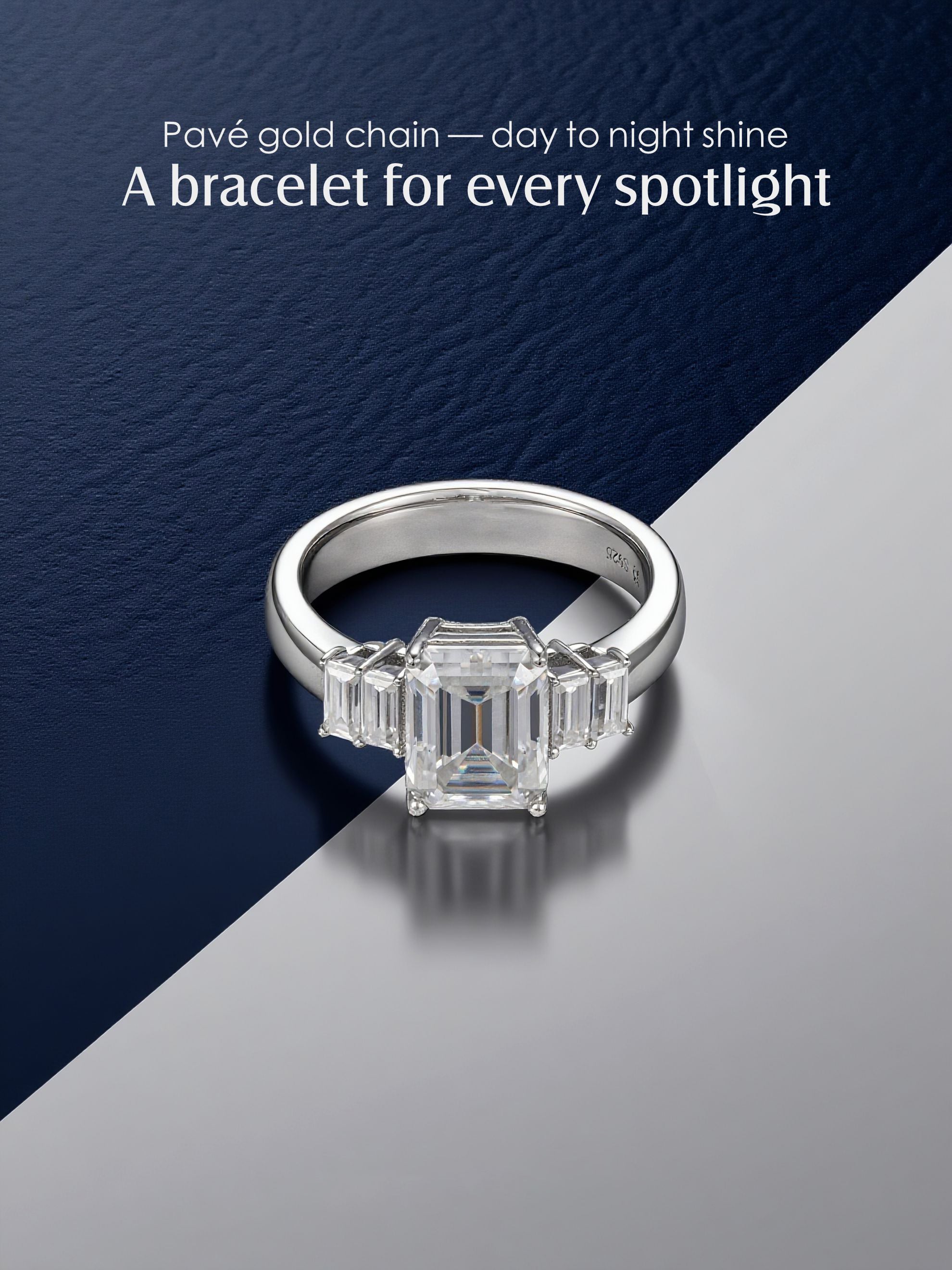 Own Your Bloom large emerald-cut 14K diamond ring on luxury surface, refined modern jewelry composition, San Diego.