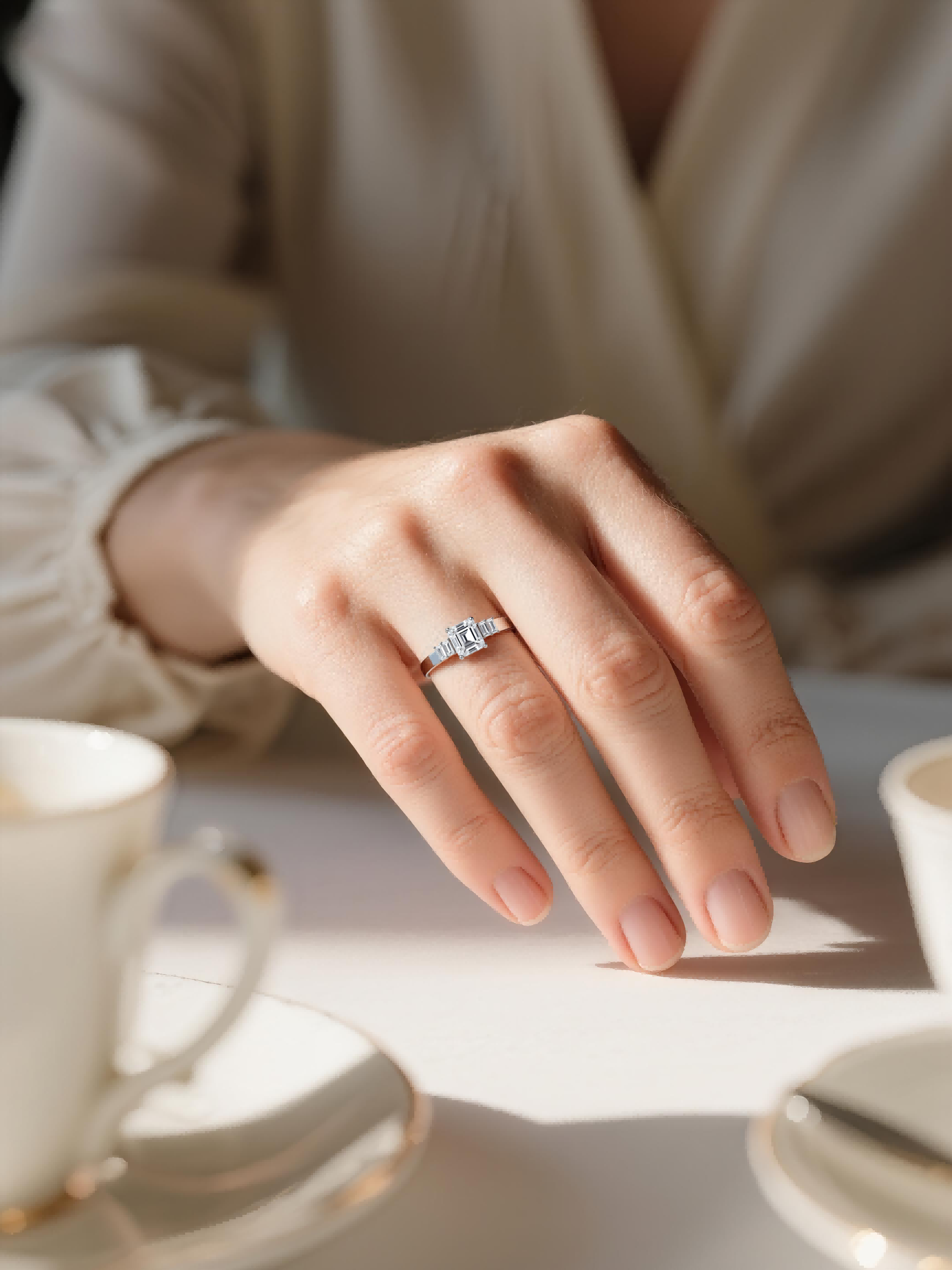 Own Your Bloom large emerald-cut 14K diamond ring on luxury surface, refined modern jewelry composition, San Diego.