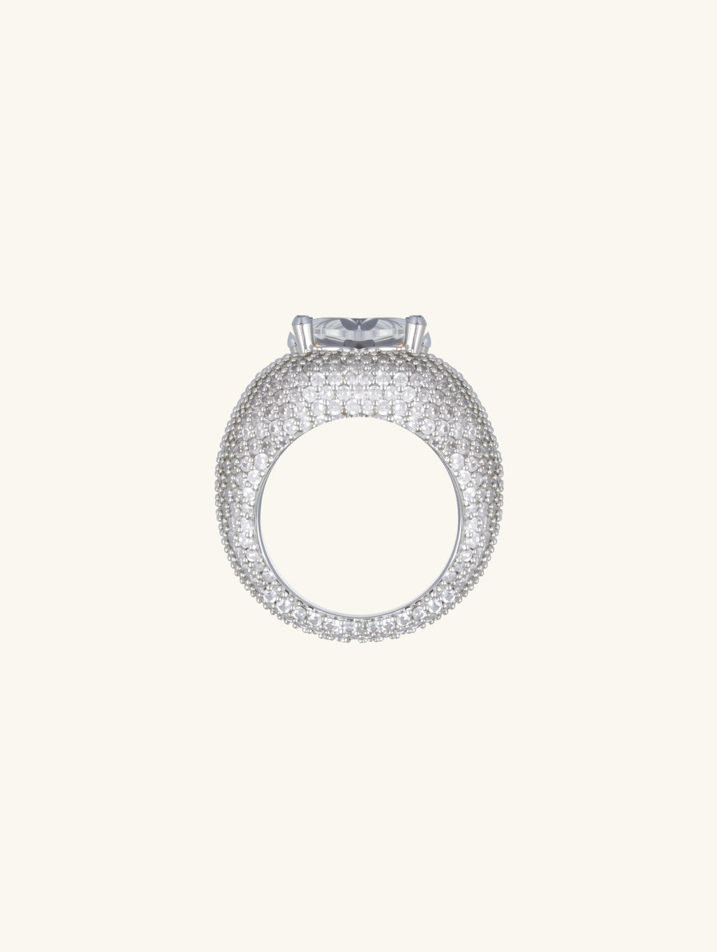 Side profile showing pavé-set shank on Own Your Bloom wide-band ring, white-gold-plated.