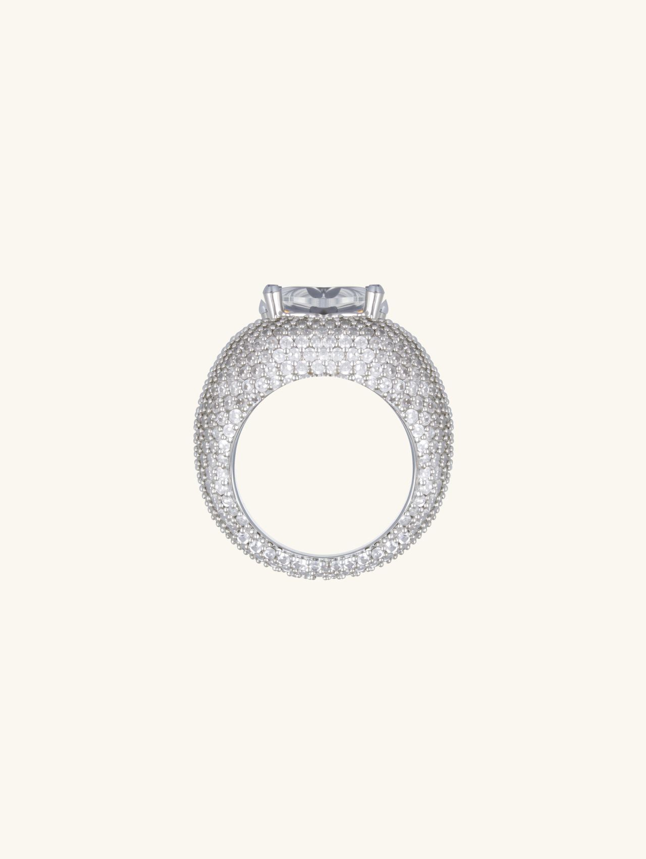 Side profile showing pavé-set shank on Own Your Bloom wide-band ring, white-gold-plated.