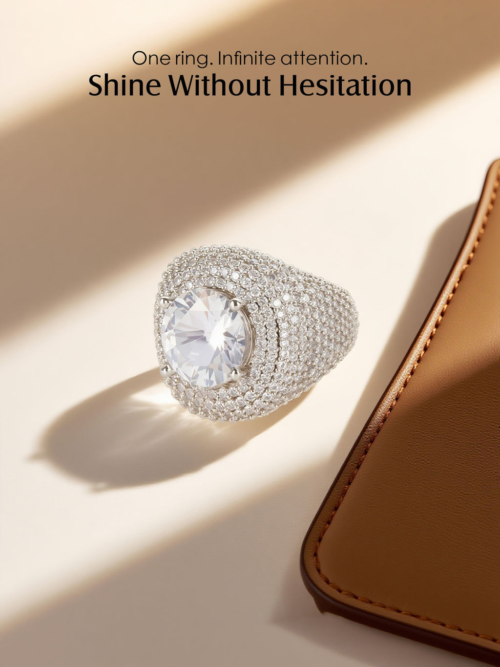 Own Your Bloom wide-band pavé ring in soft light showing layered pavé detail.