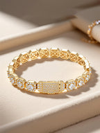 Own Your Bloom 14K diamond rock sugar bracelet on beige fabric, luxurious jewelry still-life composition, San Diego.