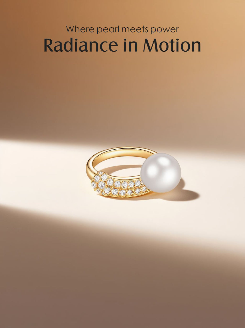 Flat-lay of Own Your Bloom 14K diamond pearl ring with spotlight, luxury jewelry scene, Austin TX