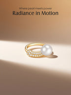 Flat-lay of Own Your Bloom 14K diamond pearl ring with spotlight, luxury jewelry scene, Austin TX