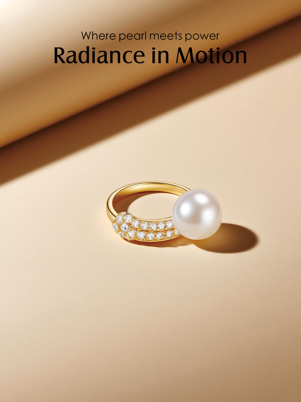 Own Your Bloom Australian white shell pearl ring standing shot with soft shadows, minimal set, San Francisco CA