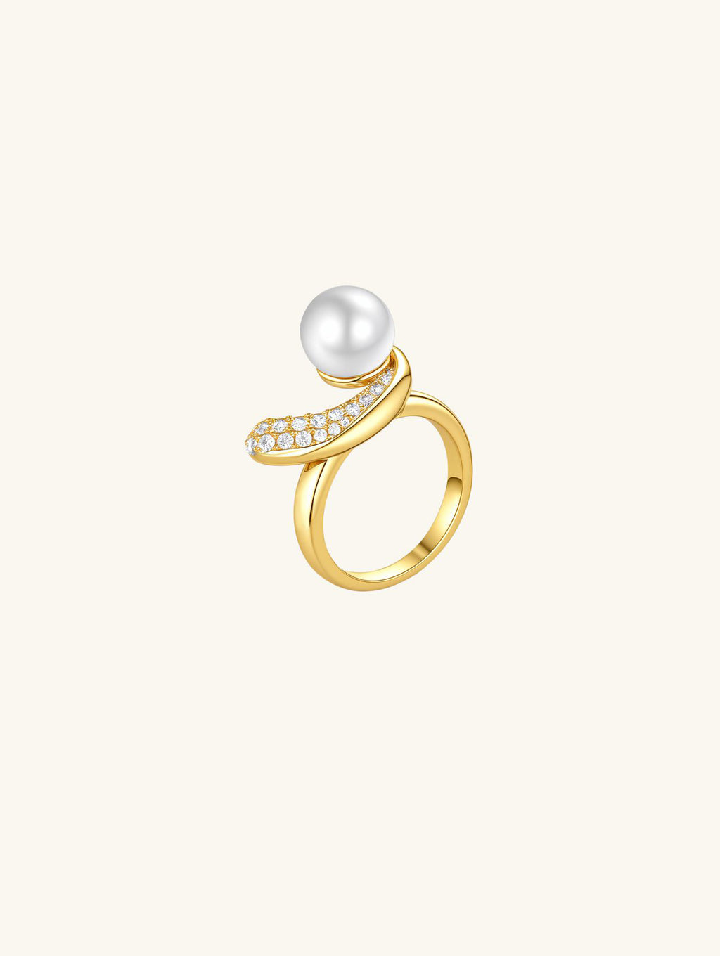 Own Your Bloom Australian White Shell Pearl 14K Diamond Ring on white background, pavé diamond swirl band, US market, New York NY